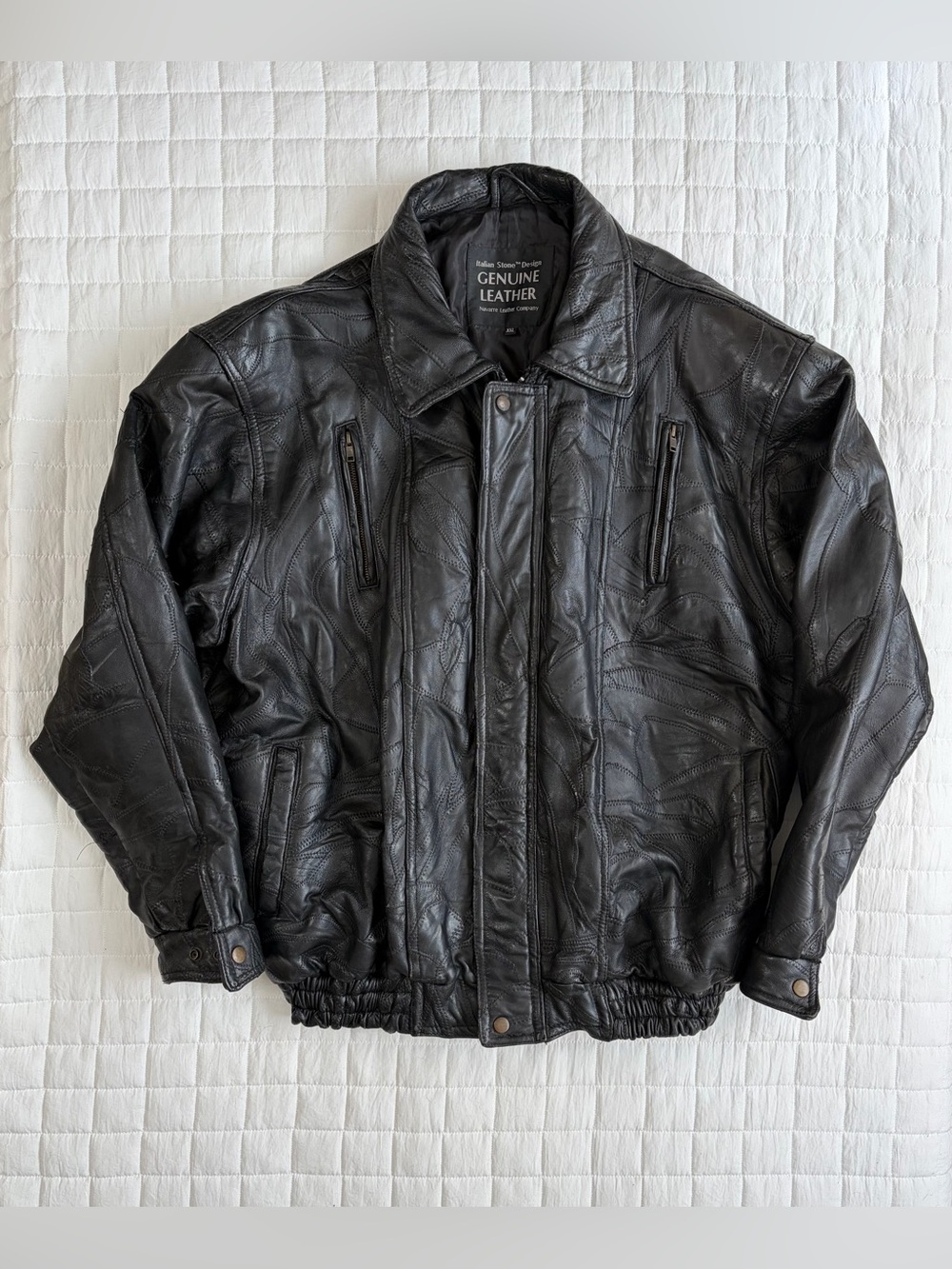VTG 90s Italian Stone Men's Black Leather Patchwork Bomber Jacket Y2K Size XXL